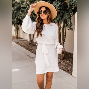 Pink Lily White Knit Tie-Waist Sweater Dress